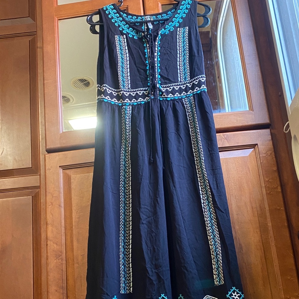 Monoreno Black Maxi Dress with Teal Embroidery - Small Summer Whimsigoth